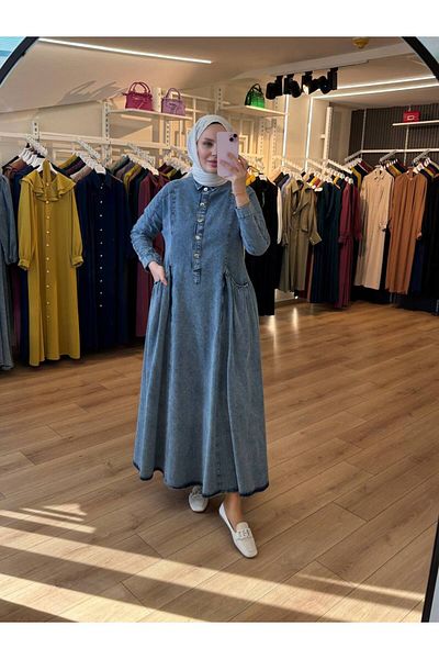 OlaLady Rochie de blugi din denim musulman cu buzunare pentru femei