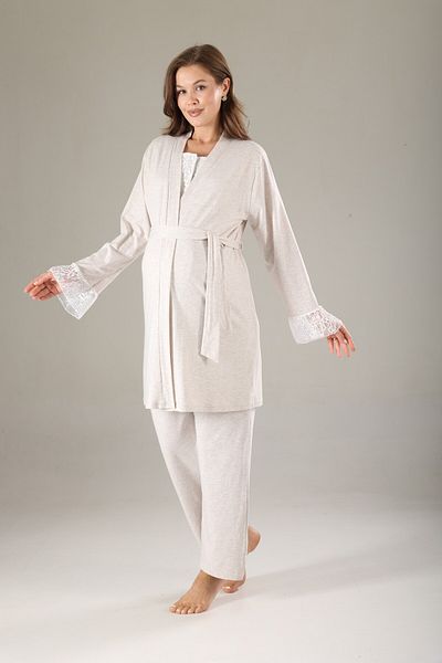 LOHOUSE Women's Beige Melange Lace Design Cotton Maternity Pregnant Dress 3-Piece Maternity Pajama Set