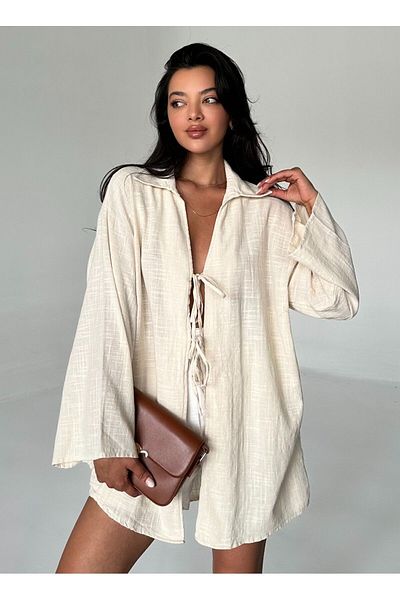 Laluvia Steinfarbene Kimono-Bluse aus 100 % Leinen mit Spitzendetail