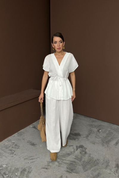 JANES Linen V-Neck Tie Belt Bluz-Pants Suit - White