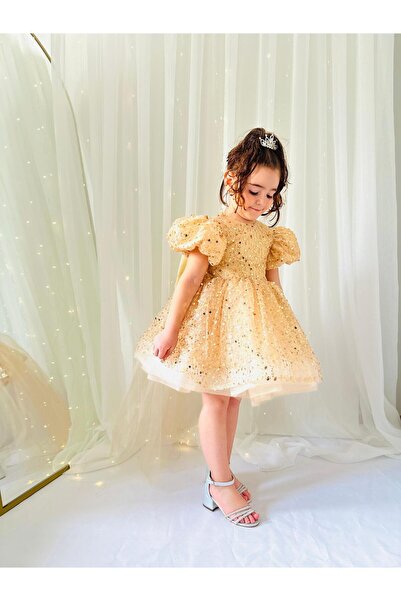Hly Karol Tasarım Altın Sarısı Taşlı Vintage Kız Bebek Elbise,Doğum günü elbise,fotoğraf çekim elbise,1-11 Yaş Uygun
