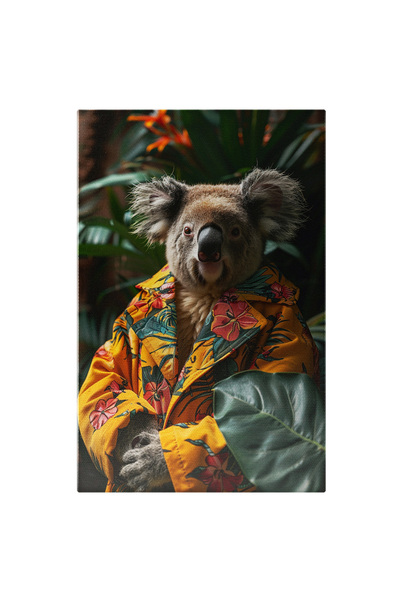 StoryGift Romania Tablou Canvas Tatal Koala Cu Urechile Mari Imbracat In Haina Galbena Cu Flori Sta Cu Mainile I