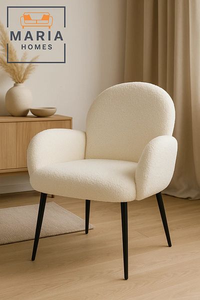MARIA HOMES White Bouclé Accent Armchair – Cozy Upholstered Lounge Chair with Black Legs for Home or Office