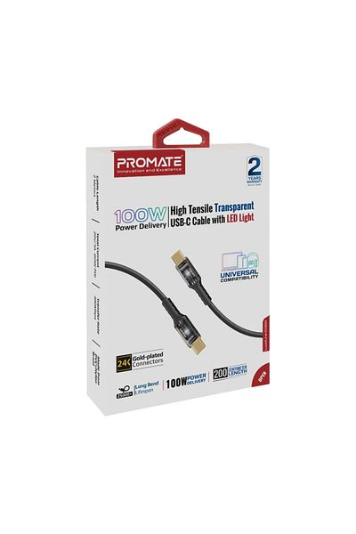 Promate LucidLine-CC200 Type-C toType-C Data Transfer Cable - 100W - 2m - Black
