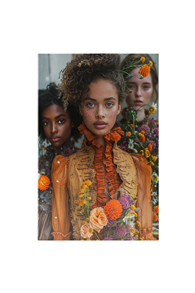 StoryGift Romania Tablou Canvas Trei Fete Ce Poartă Flori , Rochie Portocalie...