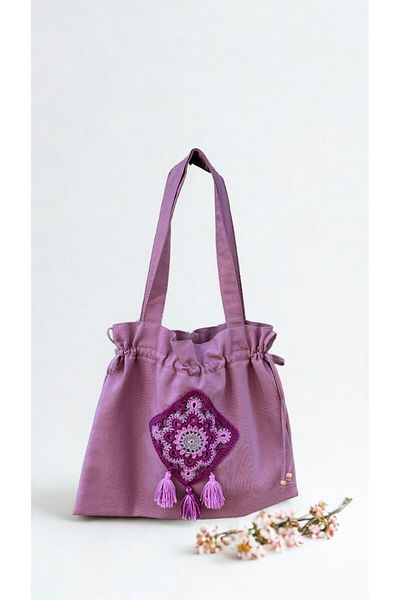 Handream Light Purple Tote Cloth Shoulder Bag with Drawstring/Tassel Mandala Detail