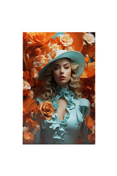 StoryGift Romania Tablou Canvas: Portret Feminin European Doamna In Bleu Cu Pălărie Și Flori Portocalii Pictura D