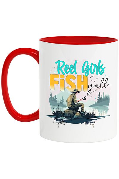 StoryGift Romania Mug with a fisherman by a lake with the message "Reel girls fish y'all", illustration, f, Cu,STG