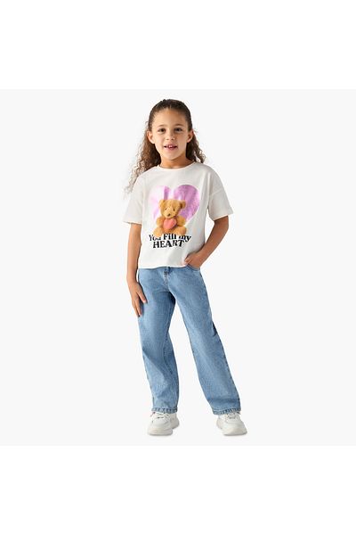 Juniors Bear Print T-Shirt With Crew Neck And Short Sleeves