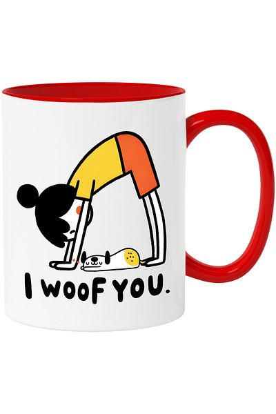 StoryGift Romania Mug with woman doing stretching exercises with the message "I woof you", meditated, With ,STG