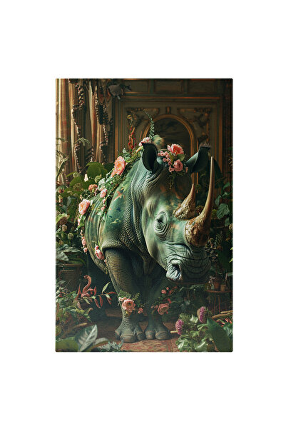 StoryGift Romania Tablou Canvas Femela Rinocer Cu Doua Coarne Ascutite Invaluita In Trandafiri Roz Intr-o Camera