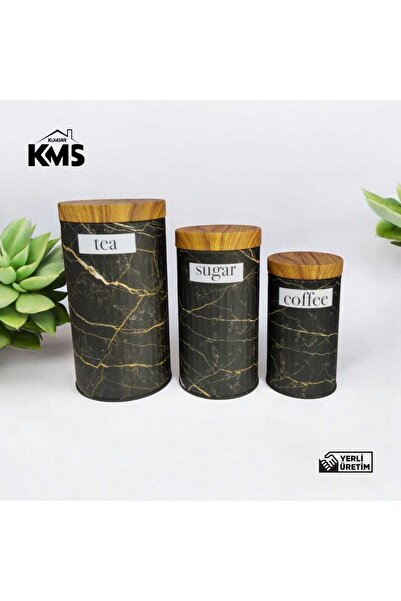 kmskumsar Ahşap görünümlü kapak 3'lü çay şeker kahve saklama kabı