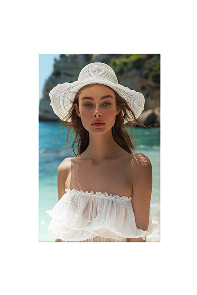 StoryGift Romania Tablou Canvas Domnișoara În Haine Albe Simple Cu Pălărie Ce O Protejează De Soare , Pictura Dig