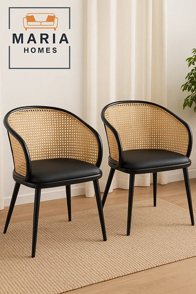 MARIA HOMES Modern Rattan Backrest Barrel Chair with Black Cushion Seat – Stylish Cane Accent Chair for Dining