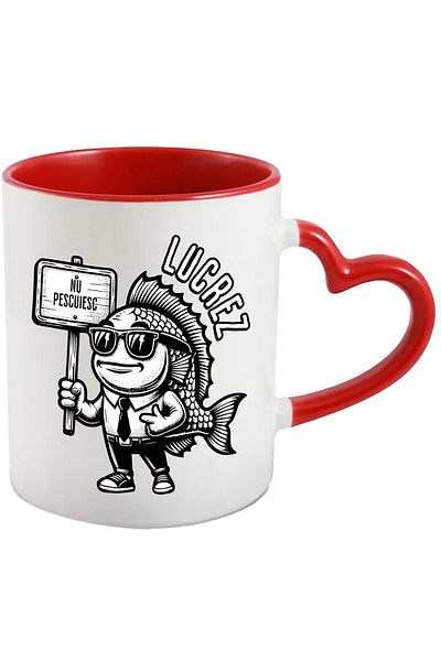 StoryGift Romania Funny Fish Mug with the message I'm Working. Not Fishing, 330ml, Ceramic with Red Heart Handle, With ,STG