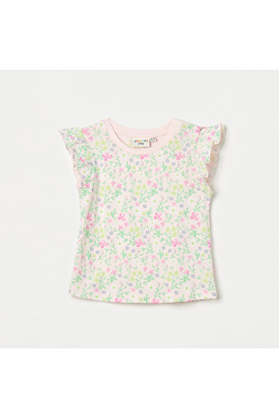 Juniors تي شيرت بطبعة زهور كاملة وأكمام مكشكشة