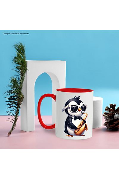 StoryGift Romania Mug with a penguin playing the saxophone, illustration, glasses, bow tie, instruments, With ,STG