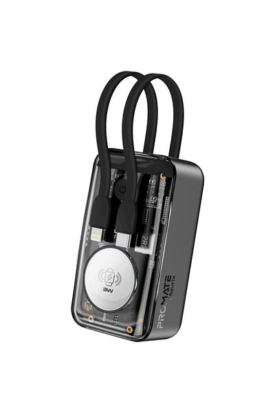 Promate Transparent Power Bank 35W 10000mAh with USB-C and Lightning Cable - Black - Mavrix