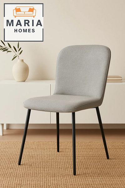 MARIA HOMES Light Grey Fabric Dining Chair – Upholstered Seat with Black Metal Legs for Modern Home or Café