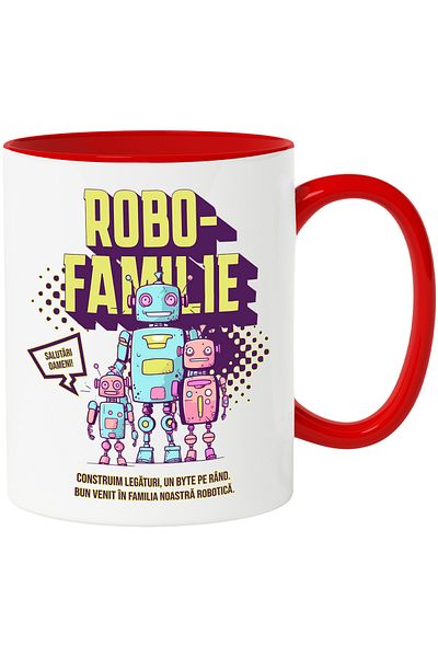 StoryGift Romania Robo family mug, robot love, parents, children, 330ml, Ceramic with Red Handle, With Handle, STG