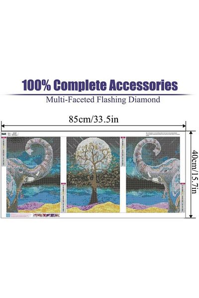 pchmcu Set 3 picturi cu diamante 5D, tema apus cu elefanti, dimensiune 85 x 40 cm, pchmcu