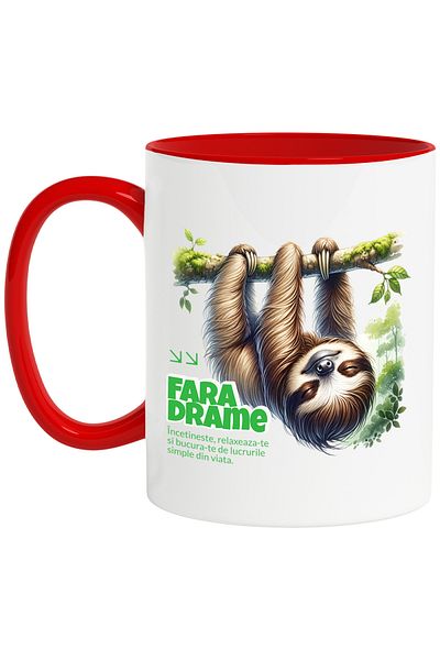StoryGift Romania Mug Lazy Animal Sleeping Text No Drama Relaxation, 330ml, Ceramic with Red Handle, With ,STG