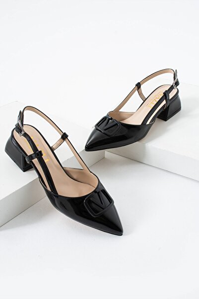 AlbiShoes Kadın Kare Topuklu 4 CM Rugan Sivri Burun Arkası Açık V Toka İş Ofis Günlük Kadın Ayakkabı