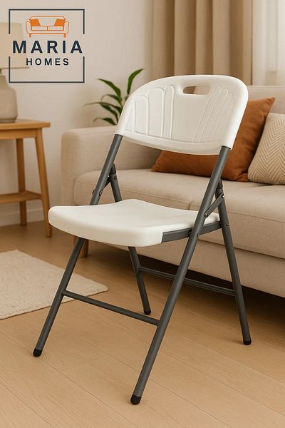 MARIA HOMES White Folding Plastic Chair with Steel Frame – Lightweight & Durable Seating for Events