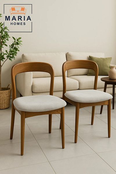 MARIA HOMES Modern Wooden Dining Chair with Curved Backrest and Light Grey Velvet Cushion – Minimalist Comfort