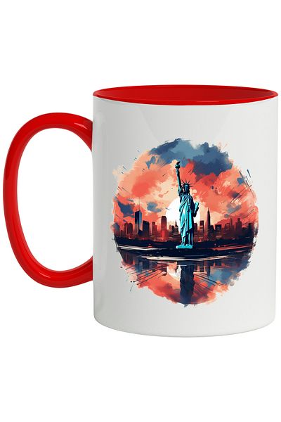 StoryGift Romania Mug With City: Statue of Liberty, America, Sun, Clouds, Buildings, Multicolor 330 , With ,STG
