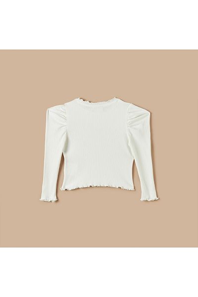 Juniors Pearl Embellished Top With Puff Sleeves And Lettuce Hem