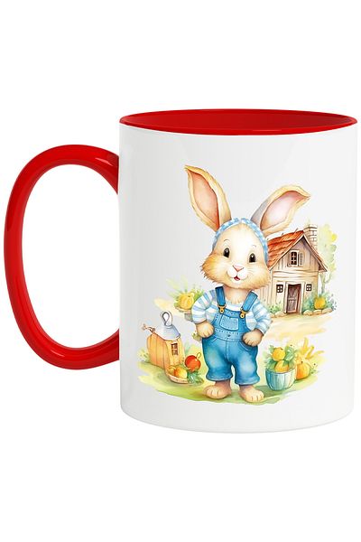 StoryGift Romania Mug with a cheerful bunny | illustration | house in the back | nature | grass | green, With ,STG