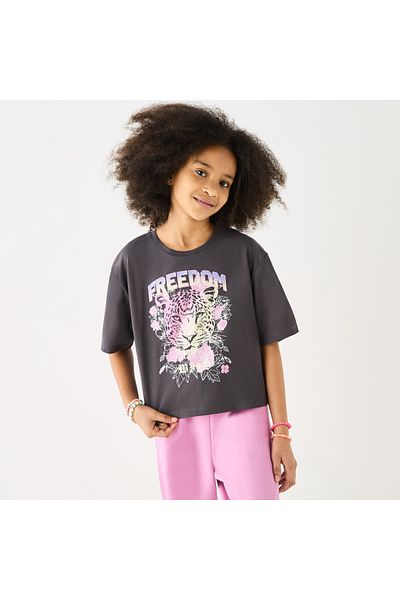 Juniors Graphic Print Crew Neck T-Shirt With Short Sleeves