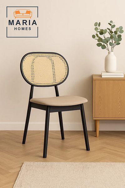 MARIA HOMES Modern Black Wood Chair with Woven Cane Backrest and Cream Upholstered Seat – Stylish & Durable