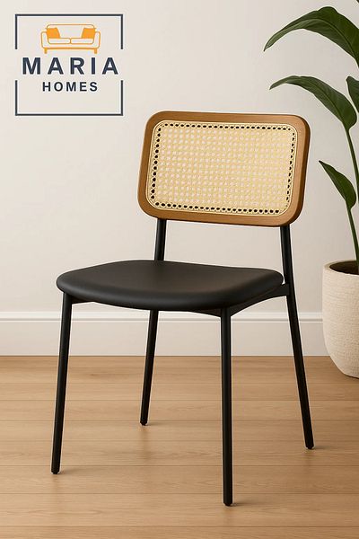 MARIA HOMES Contemporary Black Chair with Cane Backrest and Faux Leather Seat – Sleek Dining or Accent Chair