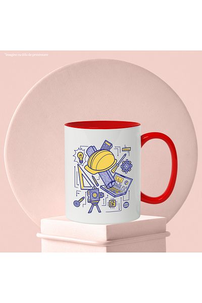 StoryGift Romania Mug With Helmet, Compass, Laptop, Engineering, Plan, Calculator, Multicolor 330 ml, C, Cu,STG