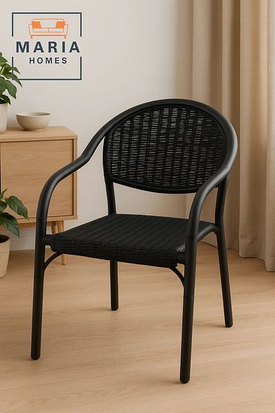 MARIA HOMES Durable Black Plastic Rattan-Style Stackable Armchair for Indoor & Outdoor Use