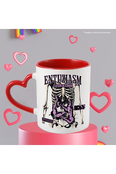 StoryGift Romania Enthusiasm Mug - Butterflies in Stomach, Skeleton, 330ml, Ceramic with Red Heart Handle, With ,STG