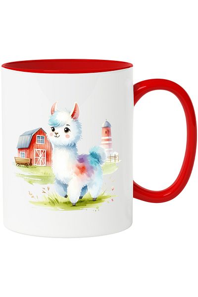 StoryGift Romania Mug with a surprised Llama | illustration | barn | stable | greenery | grass | iron, With ,STG