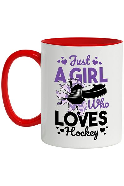 StoryGift Romania Mug With Message Just A Girl Who Loves Hockey, Puck, Sports, Hearts, Multicolor 330 ml, With ,STG