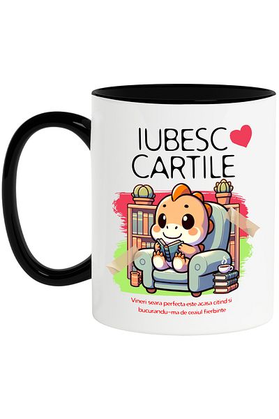 StoryGift Romania Mug Dinosaur on armchair reading text I'm reading books, 330ml, Ceramic with Black Handle, With, STG