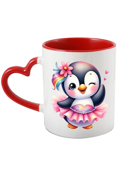 StoryGift Romania Mug with a cheerful penguin, illustration, skirt, pink, hearts, blush, flower, With ,STG