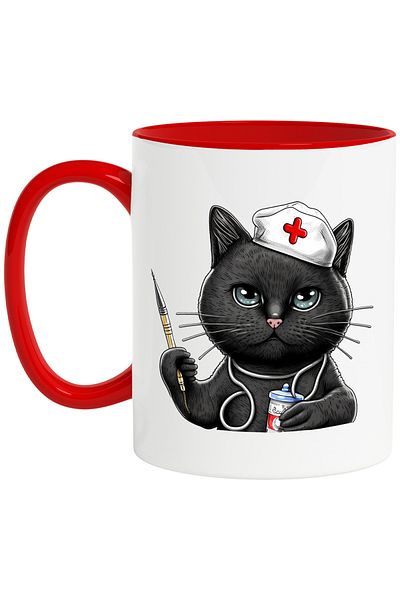 StoryGift Romania Mug with a black kitten | illustration | doctor | serious | prescribes treatment, With ,STG