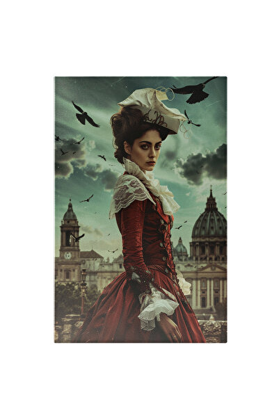 StoryGift Romania Tablou Canvas Doamnă În Rochie Roșie De Epocă În Mijlocul O...