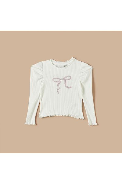 Juniors Pearl Embellished Top With Puff Sleeves And Lettuce Hem