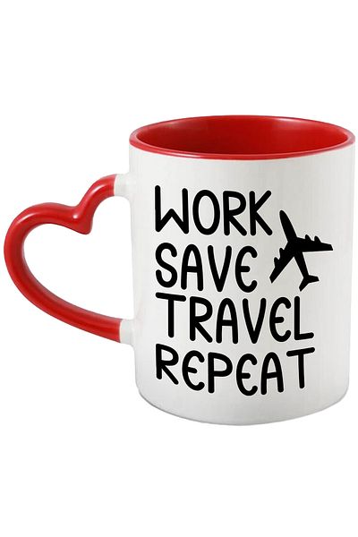 StoryGift Romania Mug with an airplane and the text in English "Work, save, travel, repeat" - work, ec, Cu, STG