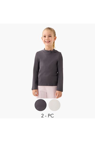 Juniors Bow Detail Turtle Neck Top With Long Sleeves - Set Of 2