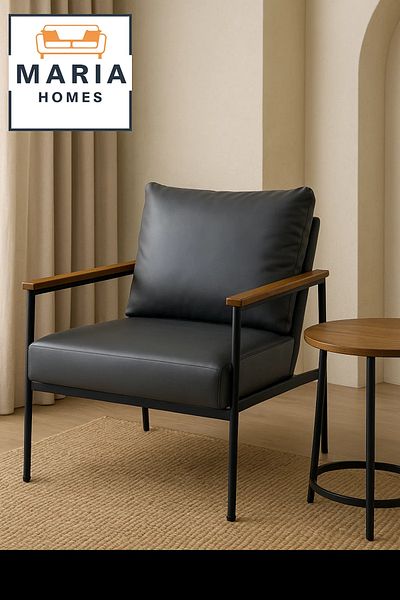 MARIA HOMES Dark Grey Faux Leather Armchair – Modern Accent Chair with Wood Armrests and Black Steel Frame