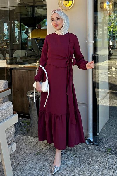 Tesettür Diyarı Women's Tril Tril Summer Fabric Lacing Detailed Dress-Burgundy