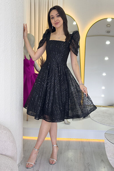 zks grup tekstil Γυναικείο βολάν τετράγωνο γιακά καρπούζι μανίκι βραδινό φόρεμα λευκό, πράσινο, μπορντό, μαύρο, μπλε ναυτικό, λιλά